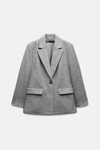 Straight Cut Wool Blend Herringbone Blazer