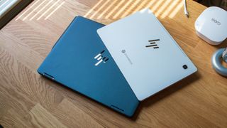 HP Elite Dragonfly Chromebook stacked with HP Chromebook x2 11