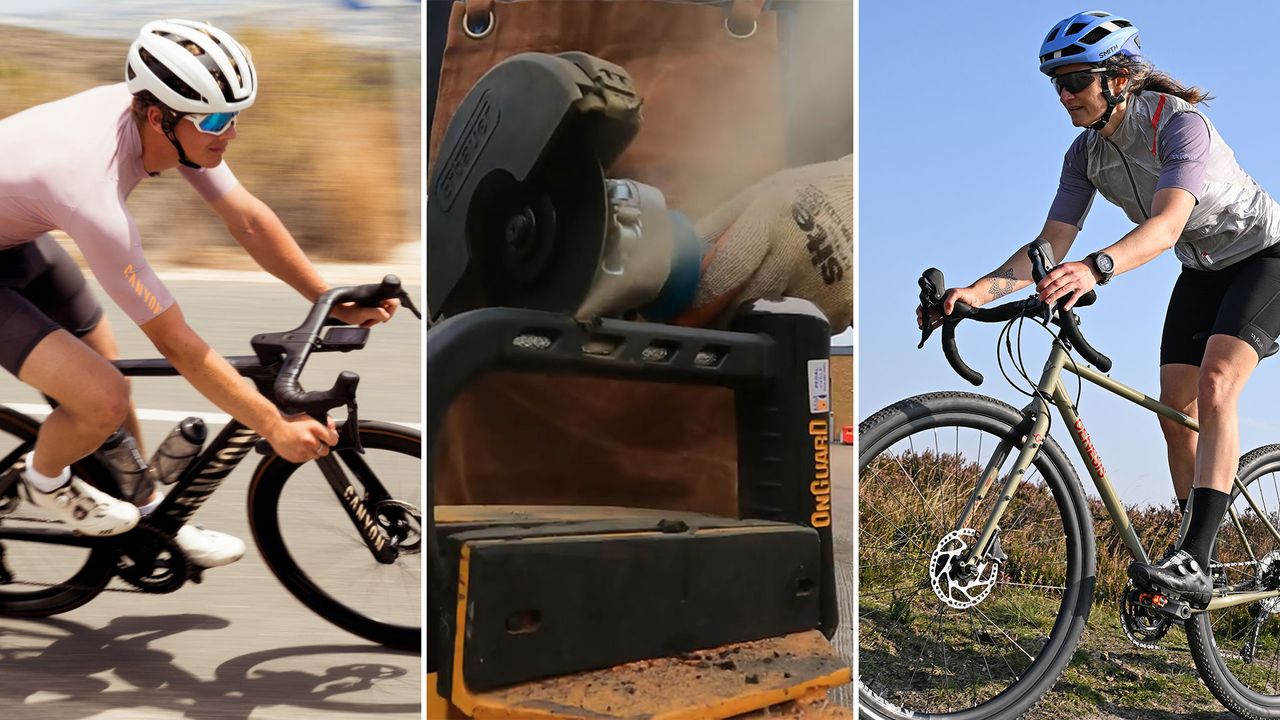 How we test montage of photos showing two cyclists and a lock being cut with an angle grinder