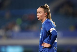 Megan Finnigan of Everton during the Barclays Women&#039;s Super League match between Everton and Chelsea at Goodison Park on November 03, 2024 in Liverpool, England.