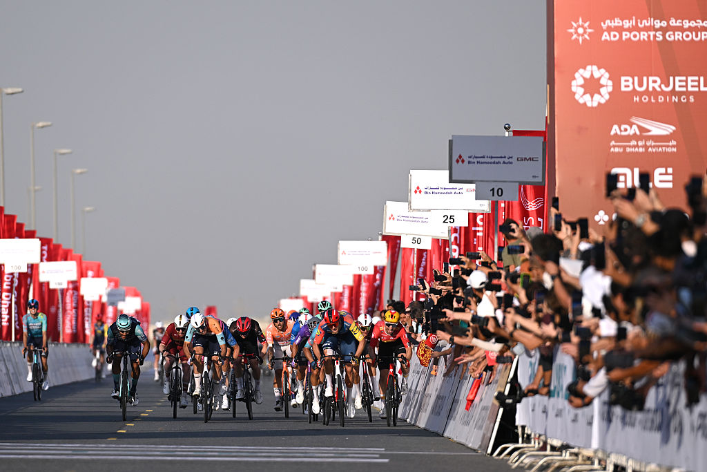 DUBAI, UNITED ARAB EMIRATES - FEBRUARY 20: A general view of Jonathan Milan of Italy and Team Lidl - Trek, Erlend Blikra of Norway and Team Uno-X Mobility, Matteo Malucelli of Italy and Team XDS Astana, Luka Mezgec of Slovenia and Team Jayco AlUla and Daniel Skerl of Italy and Team Bahrain - Victorious during the 8th UAE Tour 2026, Stage 5 a 168km stage from Dubai Al Mamzar Park to Hamdan Bin Mohammed Smart University / #UCIWT / on February 20, 2026 in Dubai, United Arab Emirates. (Photo by Tim de Waele/Getty Images)