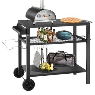 Kendane Grill Cart Table with 3 Shelves, Movable Outdoor Dining Cart Pizza Oven Stand with 3 Hooks, Kitchen Cart Island Multifunctional Food Prep Table (Black)