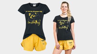 Pikachu themed pajamas, featuring a black tee and yellow shorts