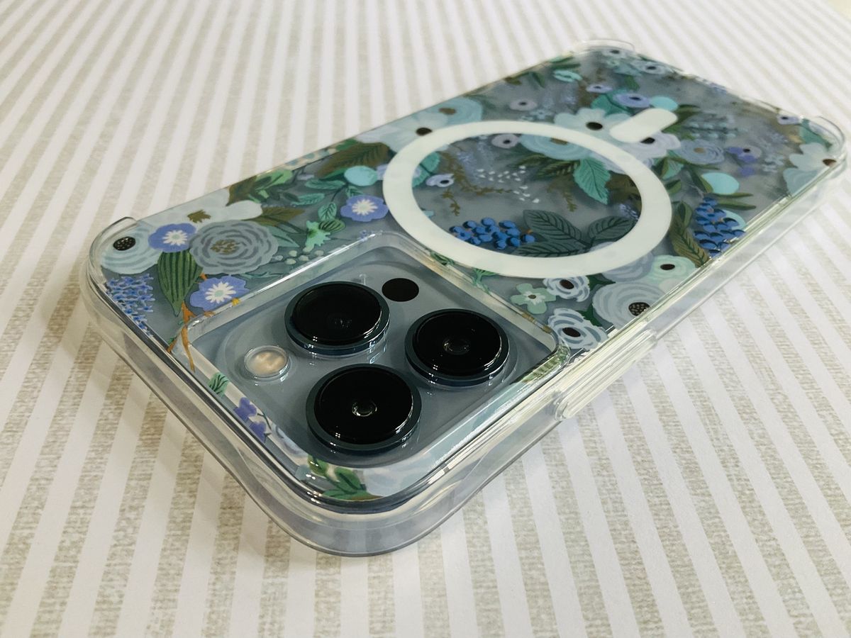 Rifle Paper Co Magsafe Case Iphone 13 Pro Garden Party Blue Lifestyle Angled Towards Camera