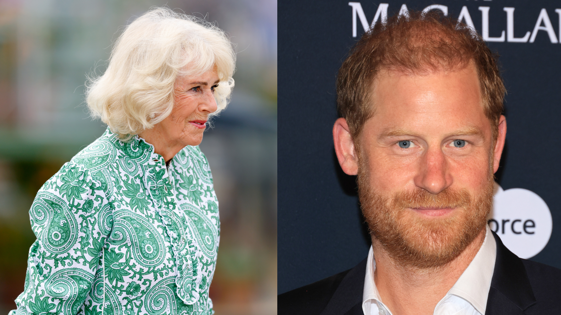 A split image of Queen camilla and Prince Harry
