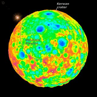 A view of Ceres’ largest well-preserved 170-mile (280-km) impact crater, Kerwan, near the limb. The color coding indicates elevation (blue: low; red: high) exaggerated by a factor of 3.