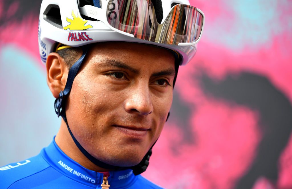 CAMIGLIATELLO SILANO ITALY OCTOBER 07 Start Jonathan Caicedo Cepeda of Ecuador and Team EF Pro Cycling Blue Mountain Jersey Team Presentation during the 103rd Giro dItalia 2020 Stage 5 a 225km stage from Mileto to Camigliatello Silano 1275m girodiitalia Giro on October 07 2020 in Camigliatello Silano Italy Photo by Stuart FranklinGetty Images