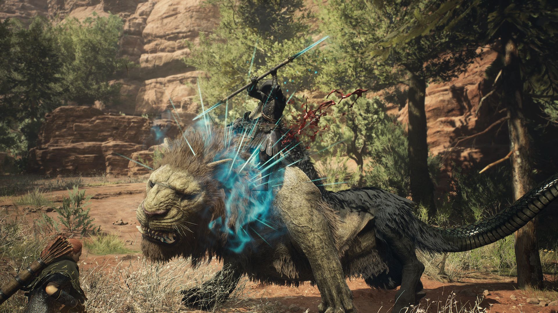 A hooded warrior riding a large, mythical lion-like creature with a snake tail, surrounded by blue magical energy in a rocky, forested landscape.