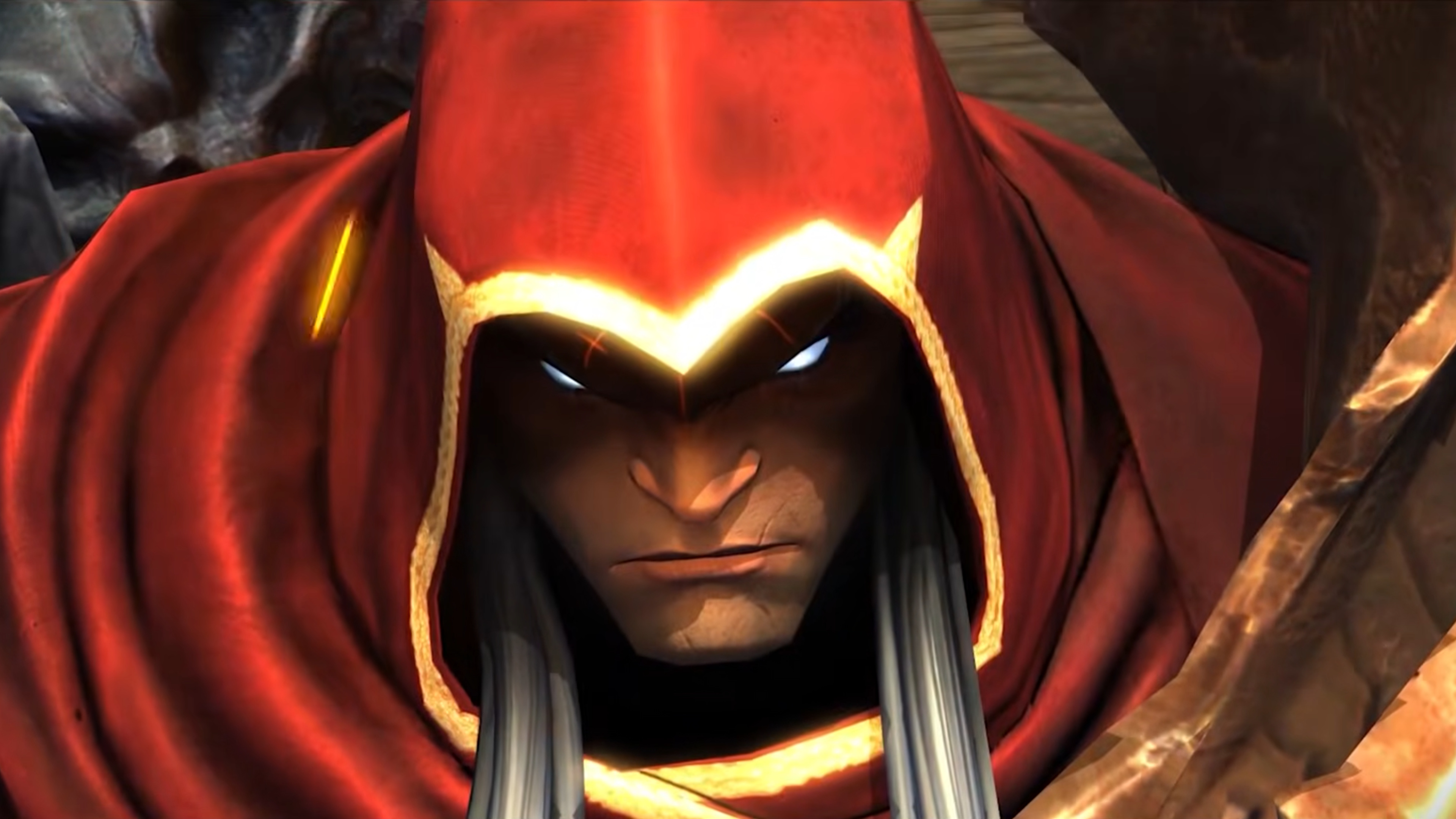 Darksiders Warmastered Edition trailer still - Darksider staring darkly 