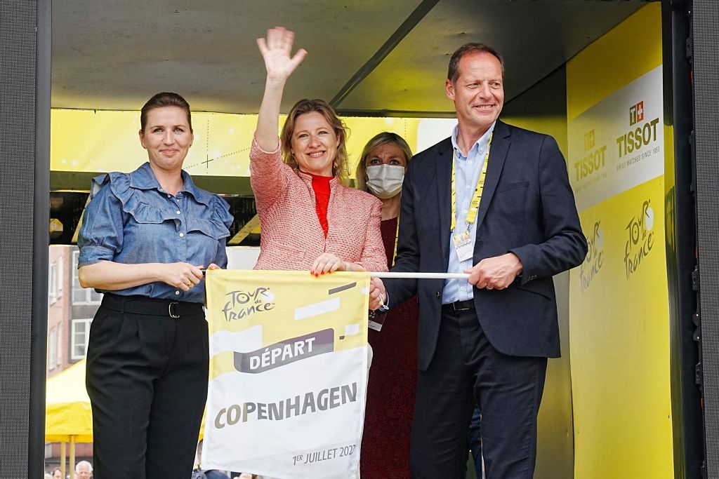 LtoR Danish Prime Minister Mette Frederiksen Copenhagen Mayor Sophie Haestorp Andersen and Tour de France General Director Christian Prudhomme are seen at the departure area before the 1st stage of the 109th edition of the Tour de France cycling race 132 km individual time trial stage in Copenhagen on July 1 2022 Denmark OUT Photo by Bo Amstrup Ritzau Scanpix AFP Denmark OUT Photo by BO AMSTRUPRitzau ScanpixAFP via Getty Images
