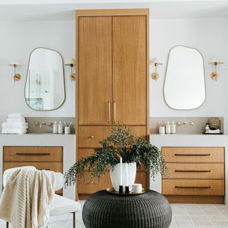 A bathroom with wooden touches