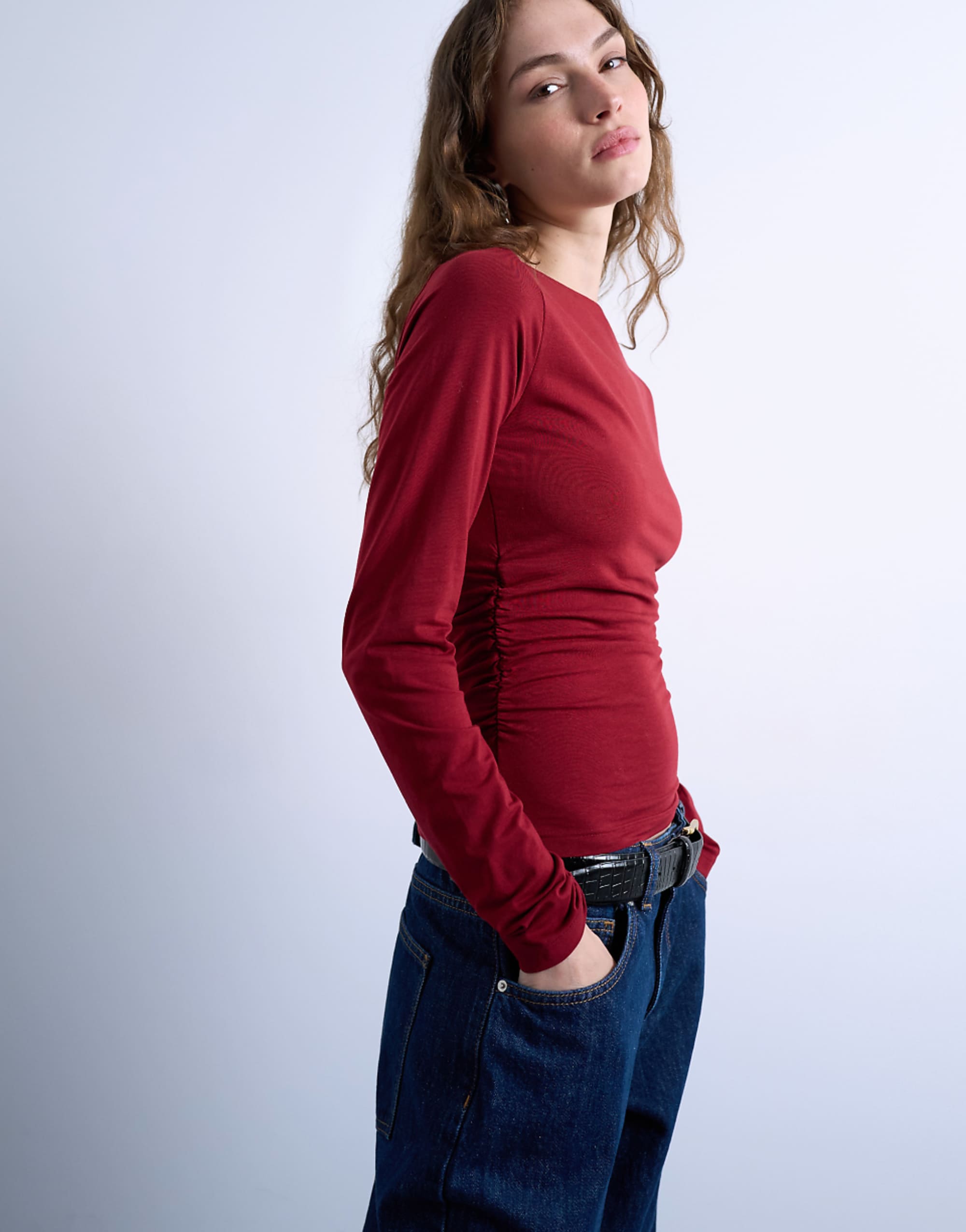 Topshop Modal Ruched Slash Neck Long Sleeve Top in Dark Red