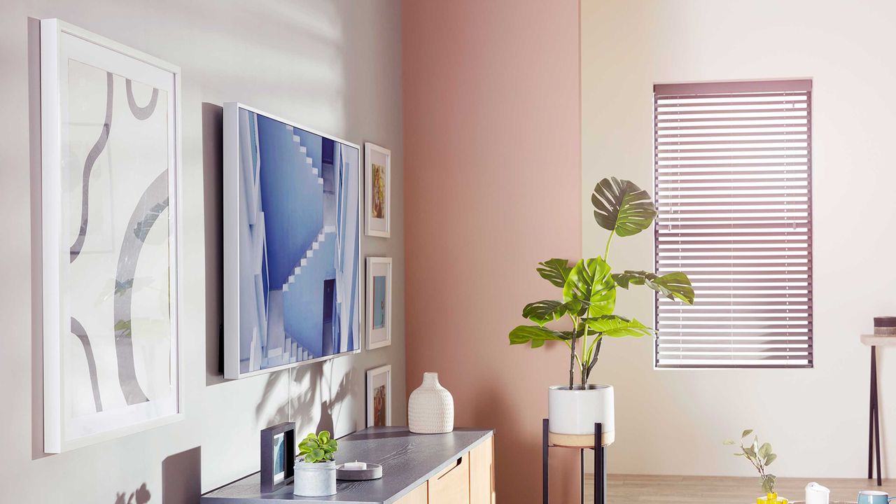 Pastel coloured living room showing a Samsung Frame TV that doubles up as artwork