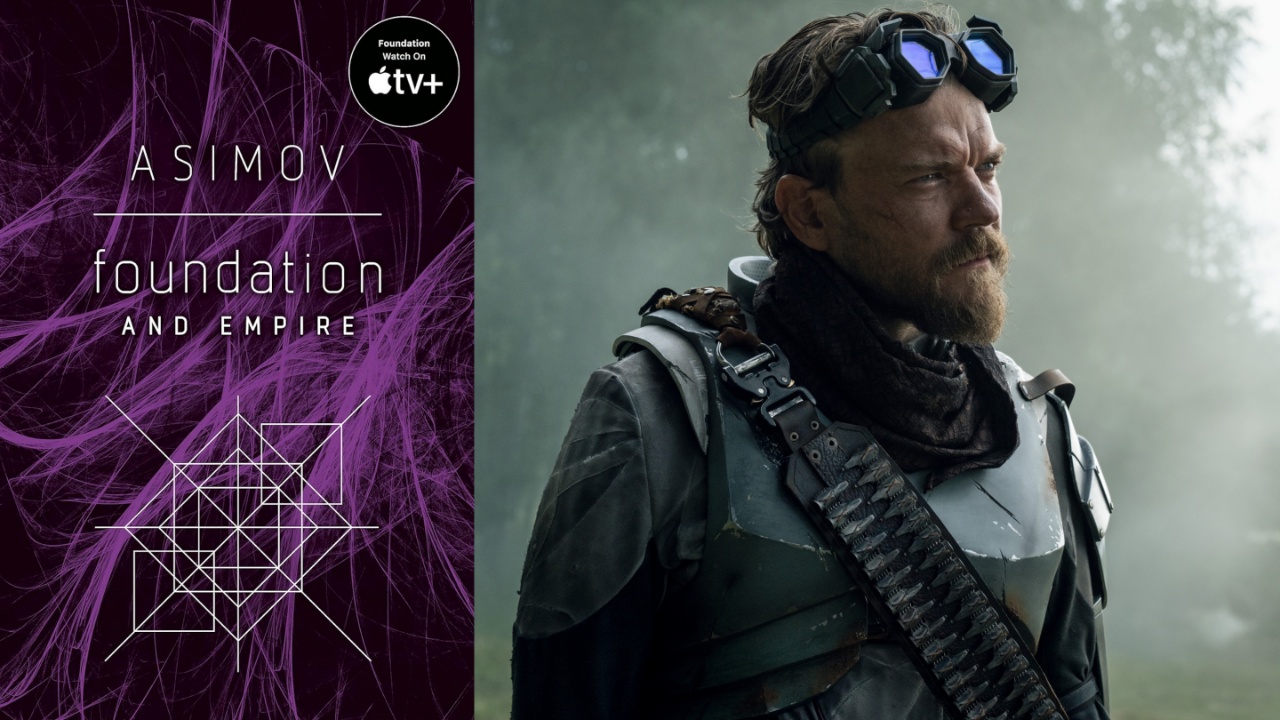 Foundation and Empire book cover and Pilou Asbæk in Season 3 wearing armor