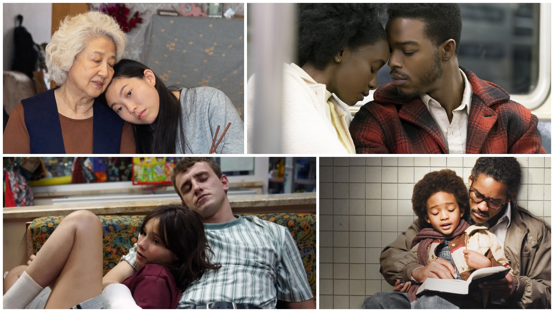 a collage of movie stills from sad movies including the farewell if beale street could talk aftersun and the pursuit of happyness
