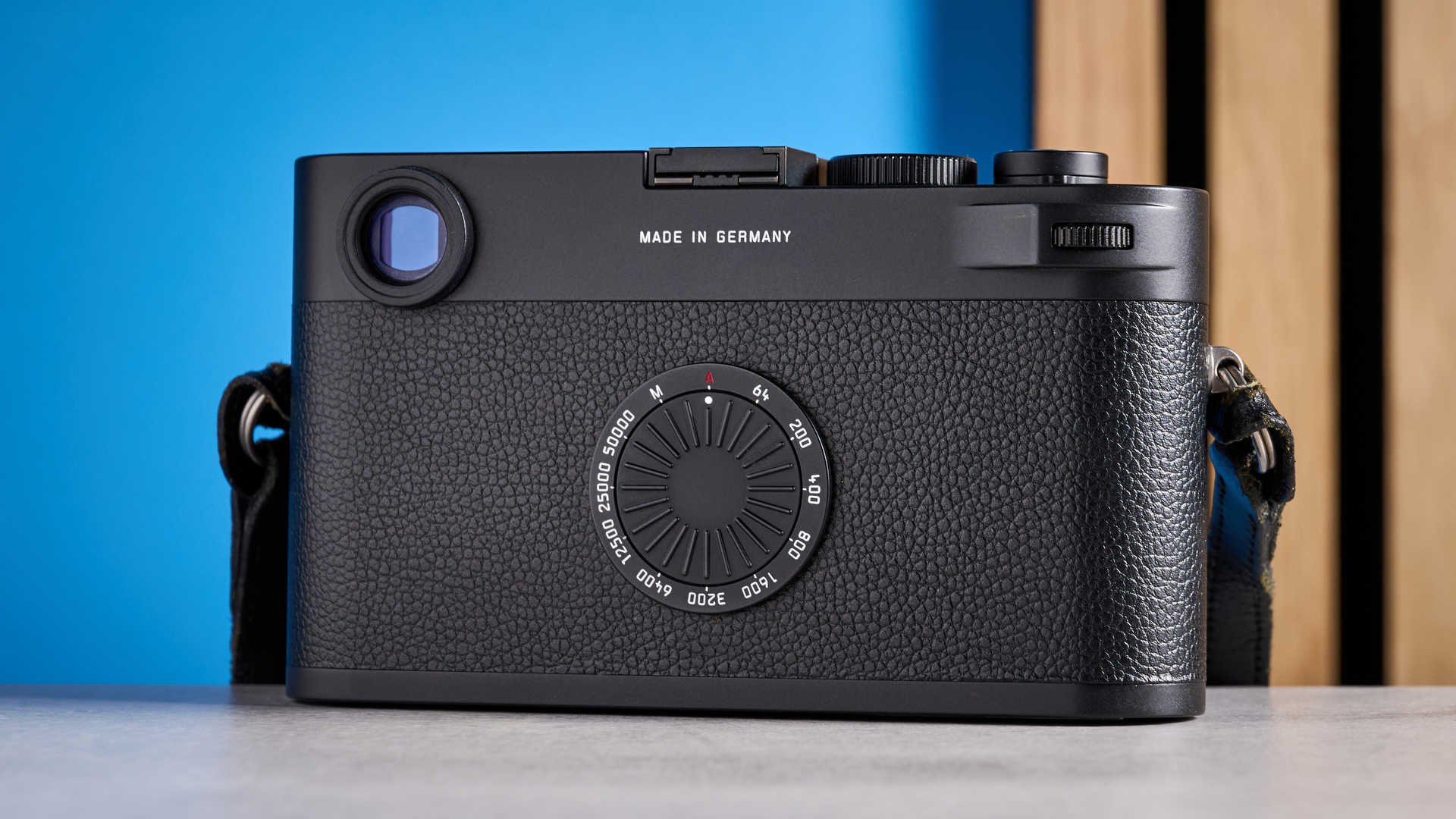 A black Leica M11-D rangefinder camera