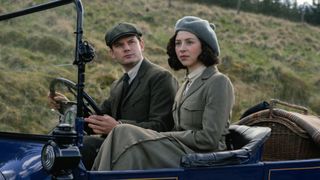 Henry and Julia drive a 1920s car while looking at the countryside