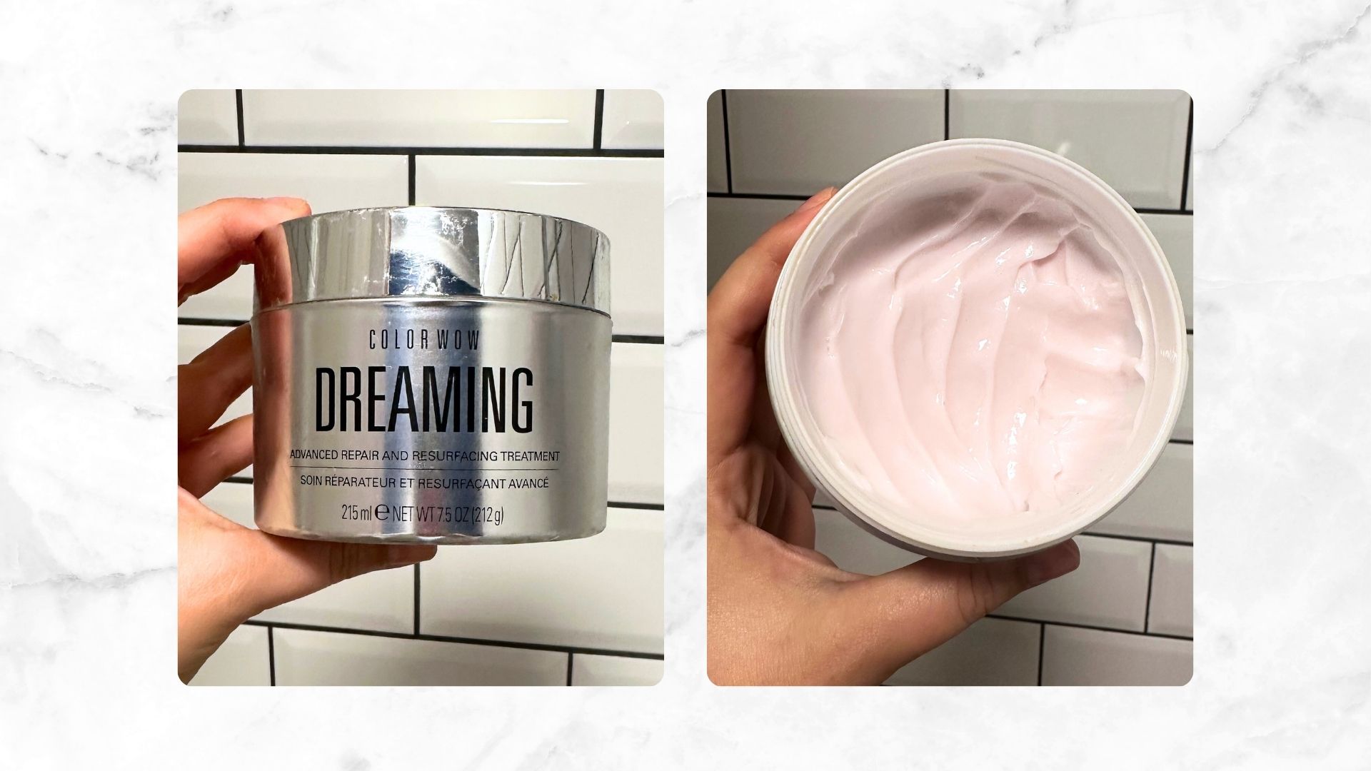 Two images of the Color Wow Dreaming Treatment being held by Rhiannon Derbyshire - unopened, and opened to show the formula