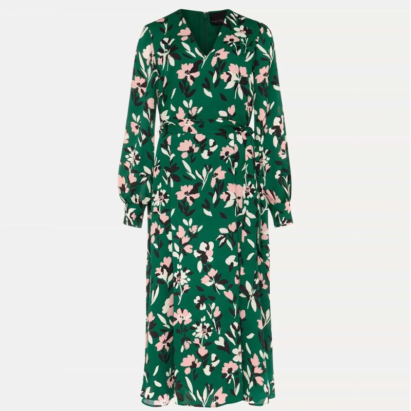 green dress with white black and floral print