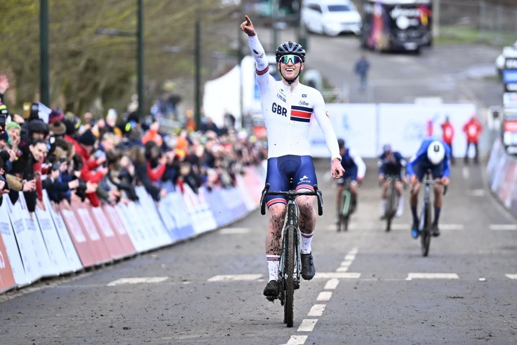 British Thomas Mein celebrates as he crosses the finish line at the mixed team relay race, at the UCI Cyclocross World Championships, in Lievin, France, Friday 31 January 2025. The world championships are taking place from 31 January until 02 February.
BELGA PHOTO JASPER JACOBS (Photo by JASPER JACOBS / BELGA MAG / Belga via AFP)