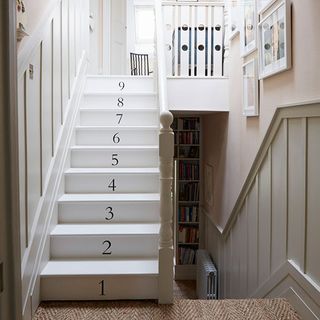 staircase with white wall and frame on wall