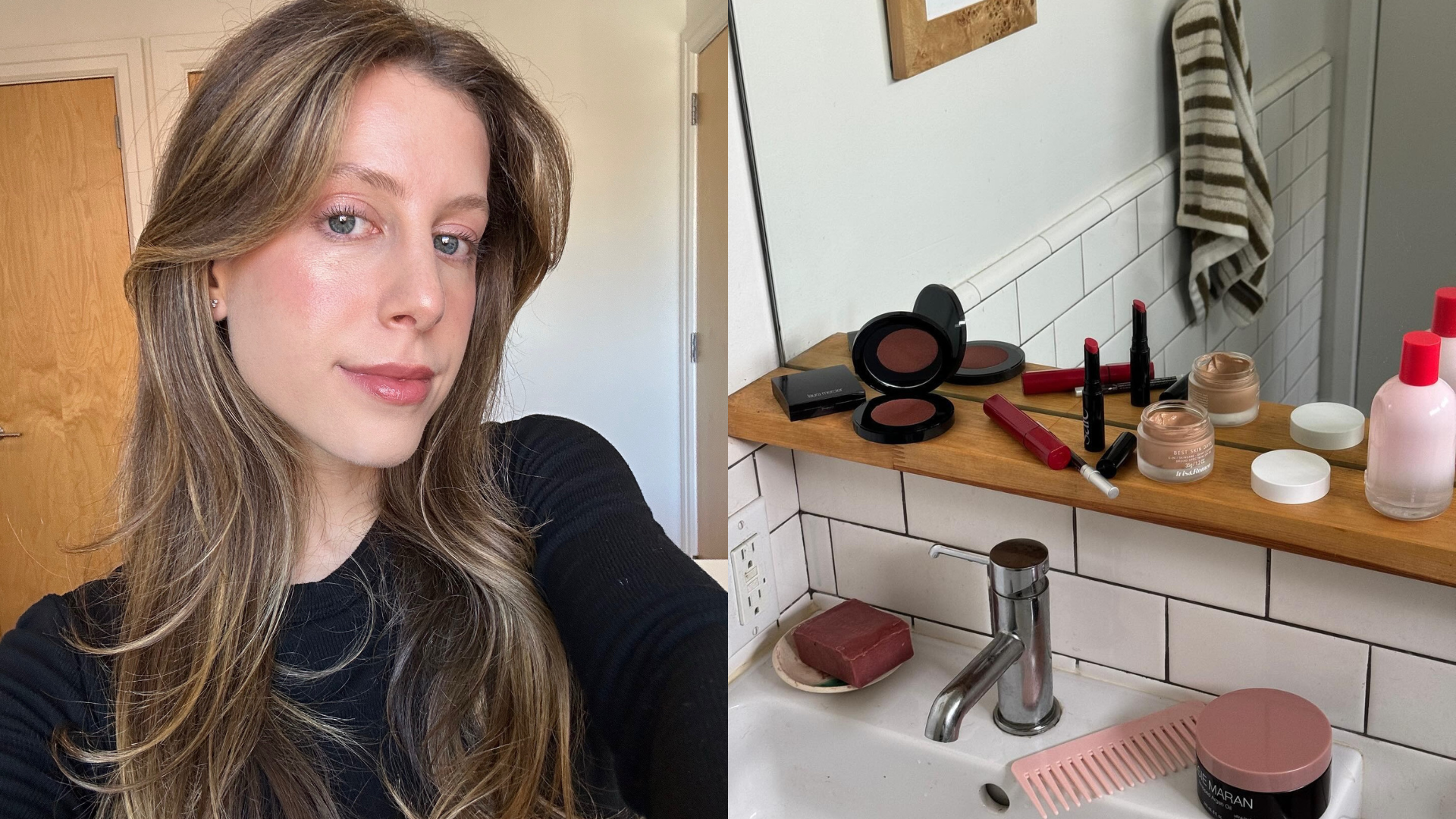 Collage of Jamie Schneider and makeup products on a bathroom shelf