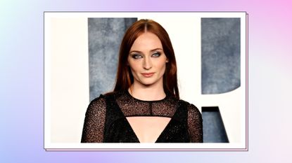 Sophie Turner wears a black dress as she attends the 2023 Vanity Fair Oscar Party hosted by Radhika Jones at Wallis Annenberg Center for the Performing Arts on March 12, 2023 in Beverly Hills, California/ in a blue, white and pink gradient template