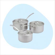 Three of the best saucepan sets on pink and blue background