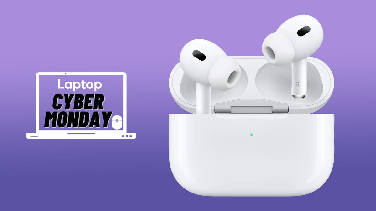 Apple AirPods Pro 2nd Gen on a gradient purple background with a Cyber Monday deals badge