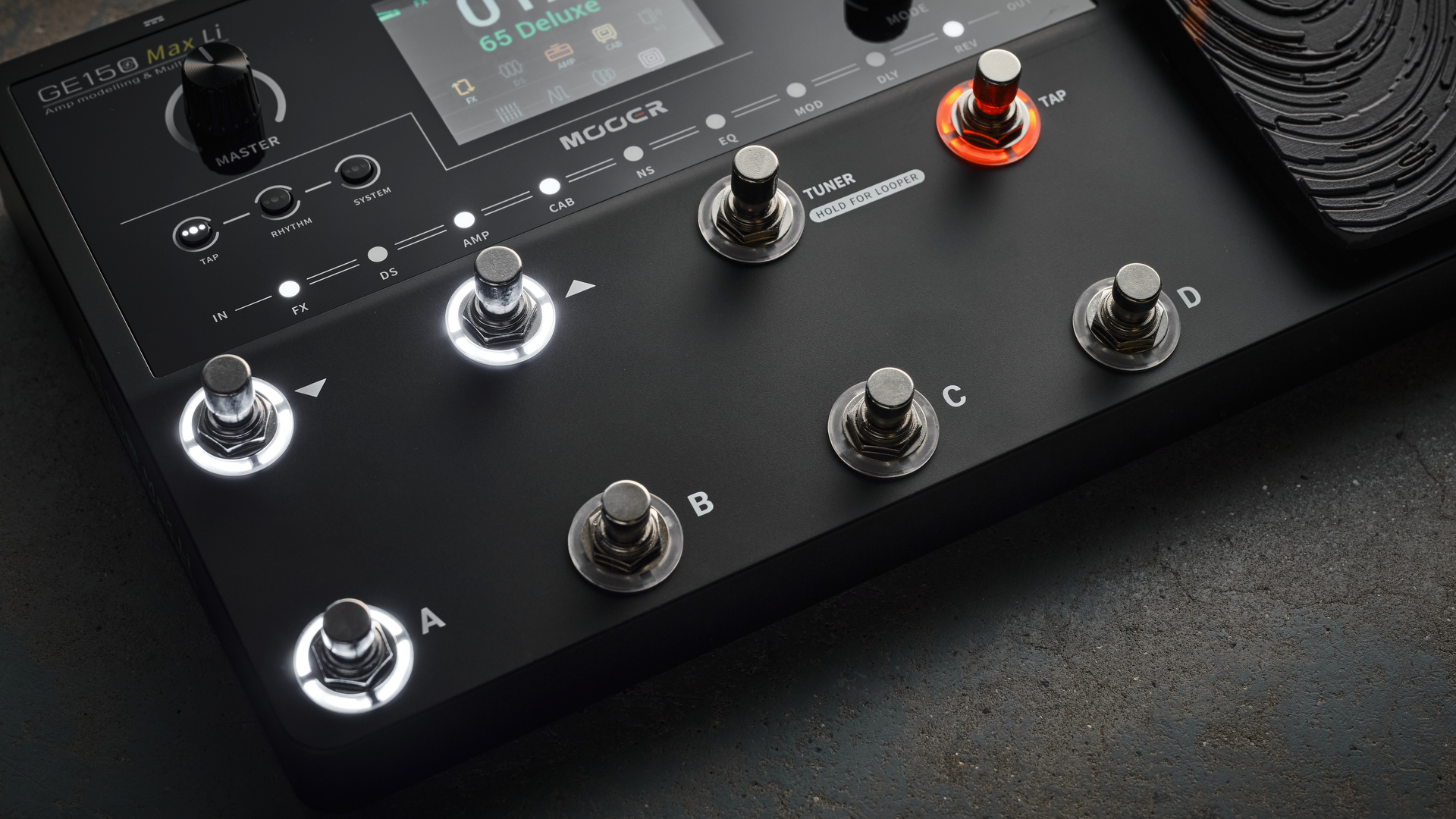 Close up of the footswitches on the Mooer GE150 Max Li multi-effects pedal