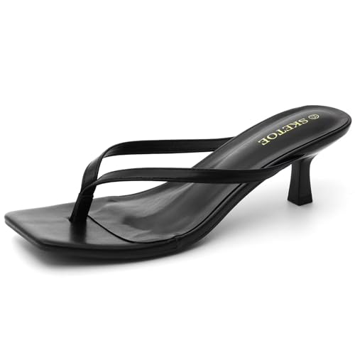 Sketoe Kitten Heels for Women Square Toe Sandals Flip Flop Heels Thong Sandals Comfortable Summer 2 Inch Heels Sandals Black