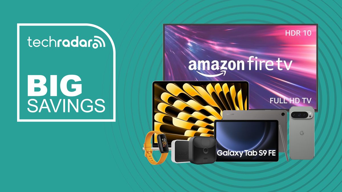 Collage of tech on sale in the Amazon Spring Deal Days event, including a Fire TV, MacBook, Samsung tablet, Pixel 9, Blink camera and Fitbit