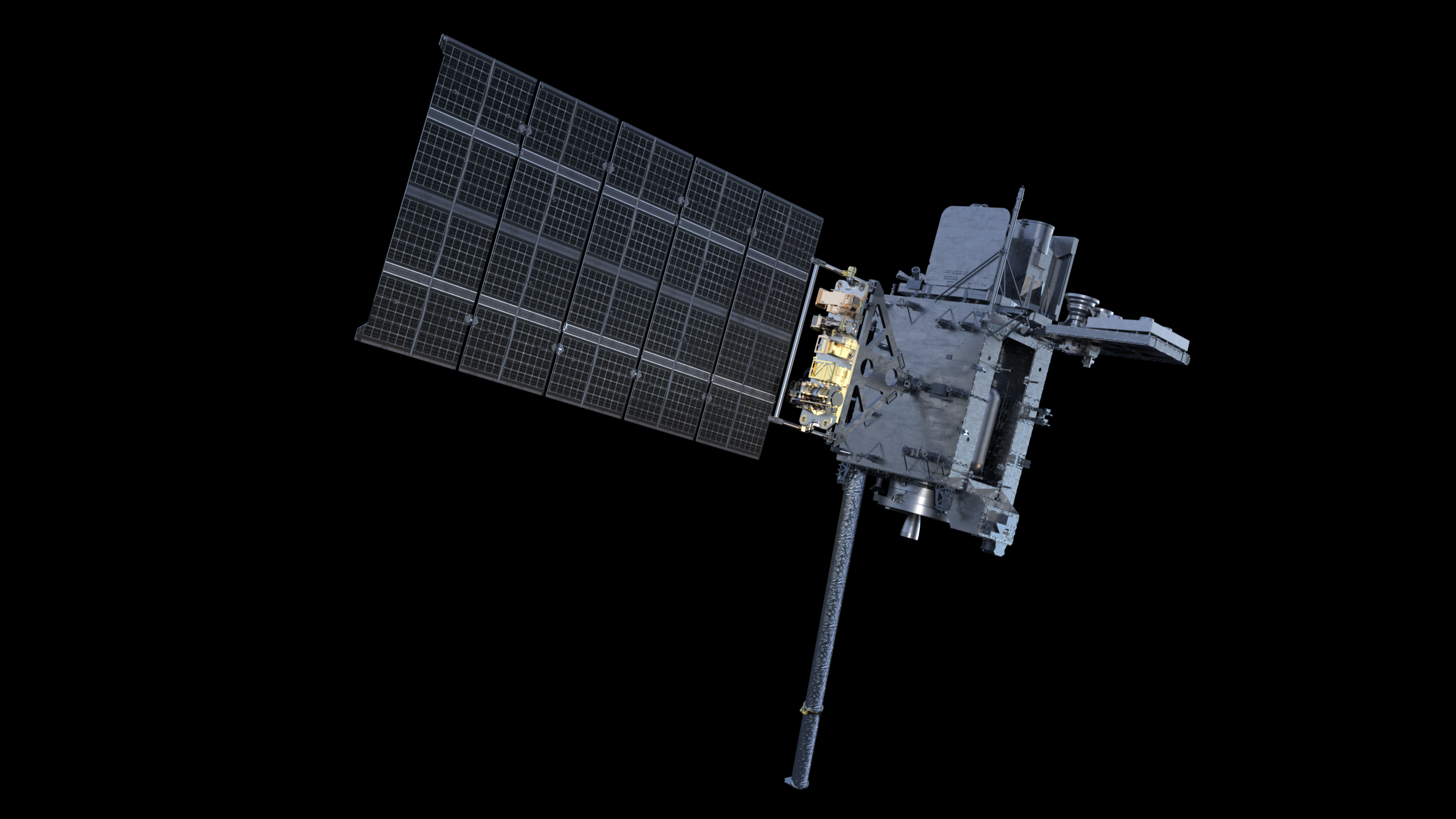 a cube-shaped spacecraft with two rectangular solar panels in orbit high above the earth