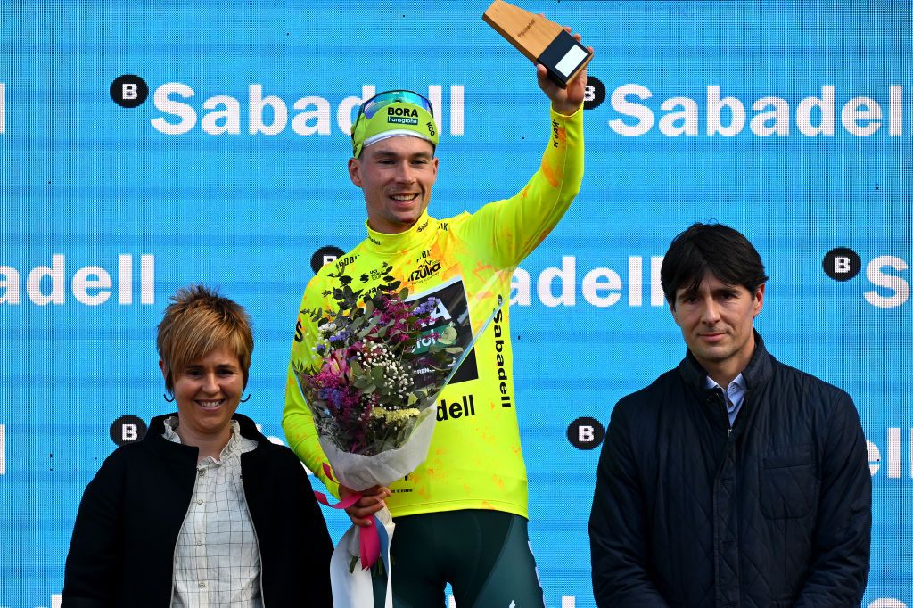 ALTSASU SPAIN APRIL 03 Primoz Roglic of Slovenia and Team BORA hansgrohe Yellow Leader Jersey celebrates at podium during the 63rd Itzulia Basque Country 2024 Stage 3 a 1909km stage from Ezpeleta to Altsasu 526m UCIWT on April 03 2024 in Altsasu Spain Photo by Tim de WaeleGetty Images