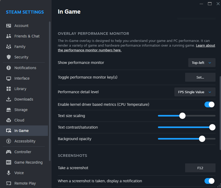 The Steam Settings page showing the Performance monitor kernel driver toggle switch