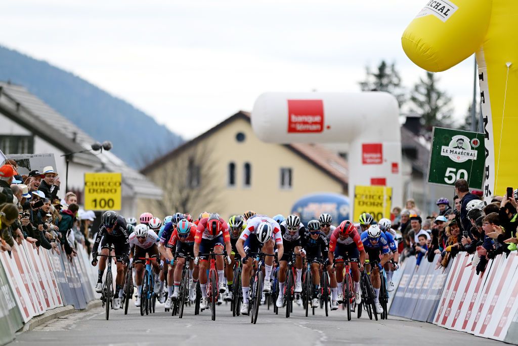 VALLE DE JOUX SWITZERLAND APRIL 26 A general view of Ethan Vernon of United Kingdom and Team Soudal QuickStep White best young jersey Romain Bardet of France and Team DSM Milan Menten of Belgium and Lotto Dstny Thibau Nys of Belgium and Team TrekSegafredo Ivo Oliveira of Portugal and UAE Team Emirates Jacopo Mosca of Italy and Team TrekSegafredo and Quinten Hermans of Belgium and Team AlpecinDeceuninck sprint at finish line during the 76th Tour De Romandie 2023 Stage 1 a 1709km stage from Crissier to Valle de Joux 1019m UCIWT on April 26 2023 in Valle de Joux Switzerland Photo by Dario BelingheriGetty Images