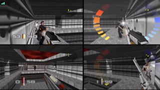 A scene of multiplayer gameplay from the Facility board in Goldeneye 007.