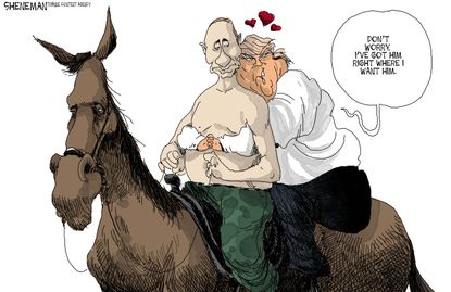 Political cartoon U.S. Trump Putin horseback first meeting