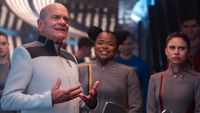 Robert Picardo as the Doctor and some cadets in Star Trek: Starfleet Academy.