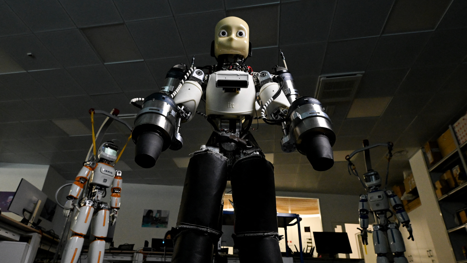 This photograph taken on June 10, 2025 shows the iRonCub3 the world's first jet-powered flying humanoid robot, developed by the Italian Institute of Technology (IIT) in the laboratory at the headquarter in Genoa, northern Italy.