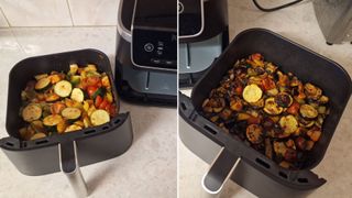 Before and after roasting vegetables in the Ninja Air Fryer Pro 4-in-1