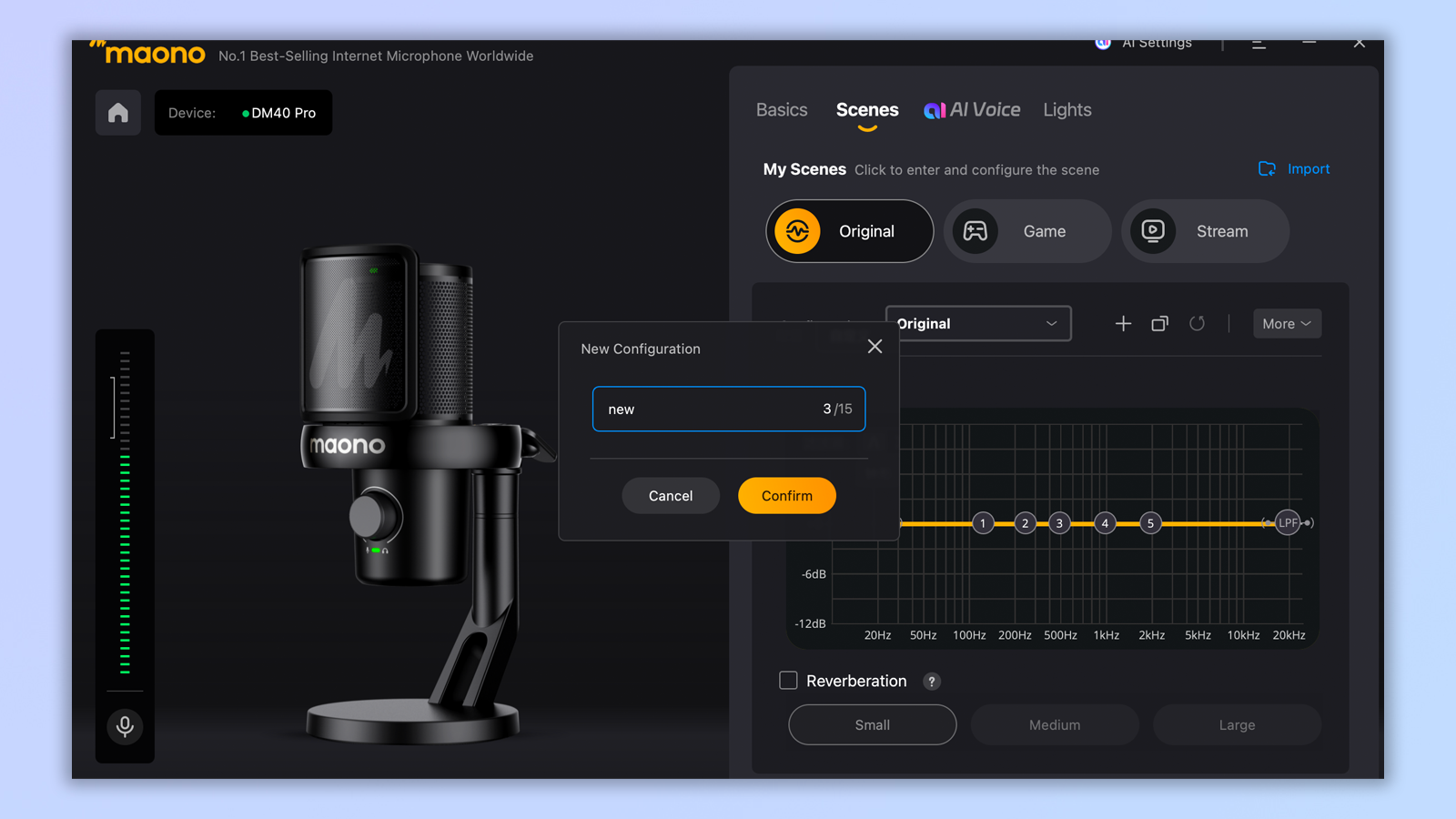 two screenshots from the maono link app showing functions with the dm40 pro mic