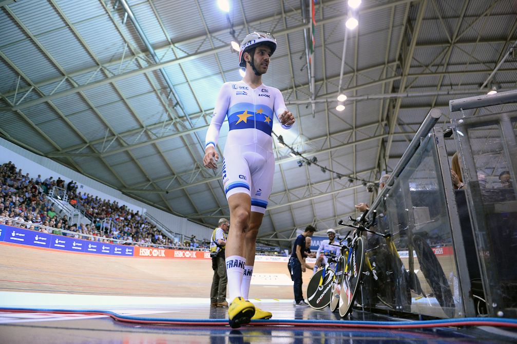 Benjamin Thomas of France walks off the track after the Team Pursuit