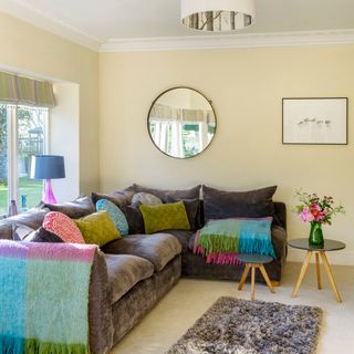 country living room with velvet corner sofa