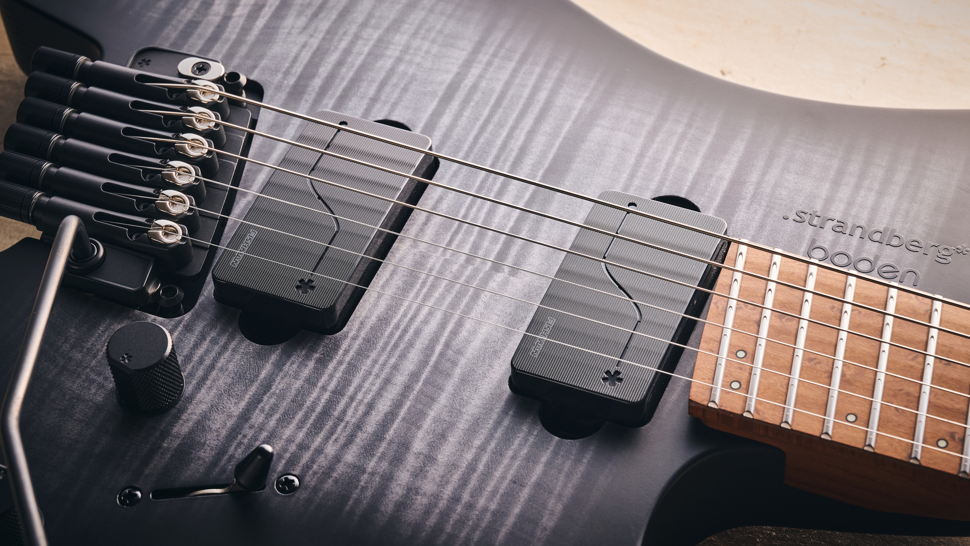 The dual active humbuckers on the Strandberg Boden Original N2.6T headless electric guitar