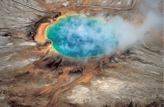 Yellowstone National Park's Grand Prismatic hot spring is one of the many hydrothermal features that are created by the Yellowstone supervolcano. 