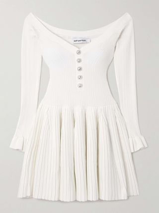 Off-The-Shoulder Pleated Ribbed-Knit Mini Dress