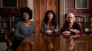 THE CHAIR (L to R) NANA MENSAH as YAZ, SANDRA OH as JI-YOON, and HOLLAND TAYLOR as JOAN in episode 106 of THE CHAIR