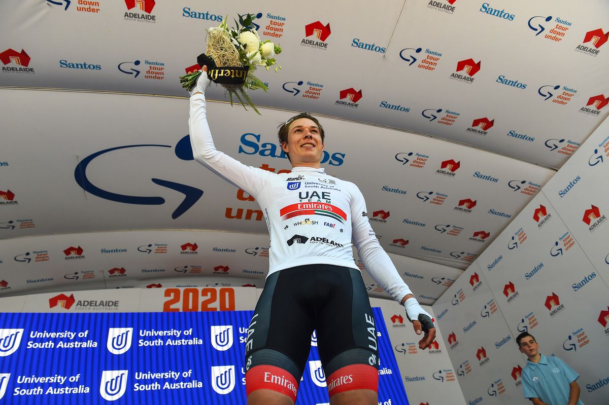 Jasper Philipsen on the stage 1 podium at the Tour Down Under