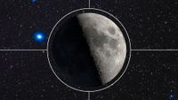 The moon is pictured with its right half lit and its left lost in shadow, surrounded by a white circle with four lines branching outward. A bright blue star is visble to the left of the lunar disk.